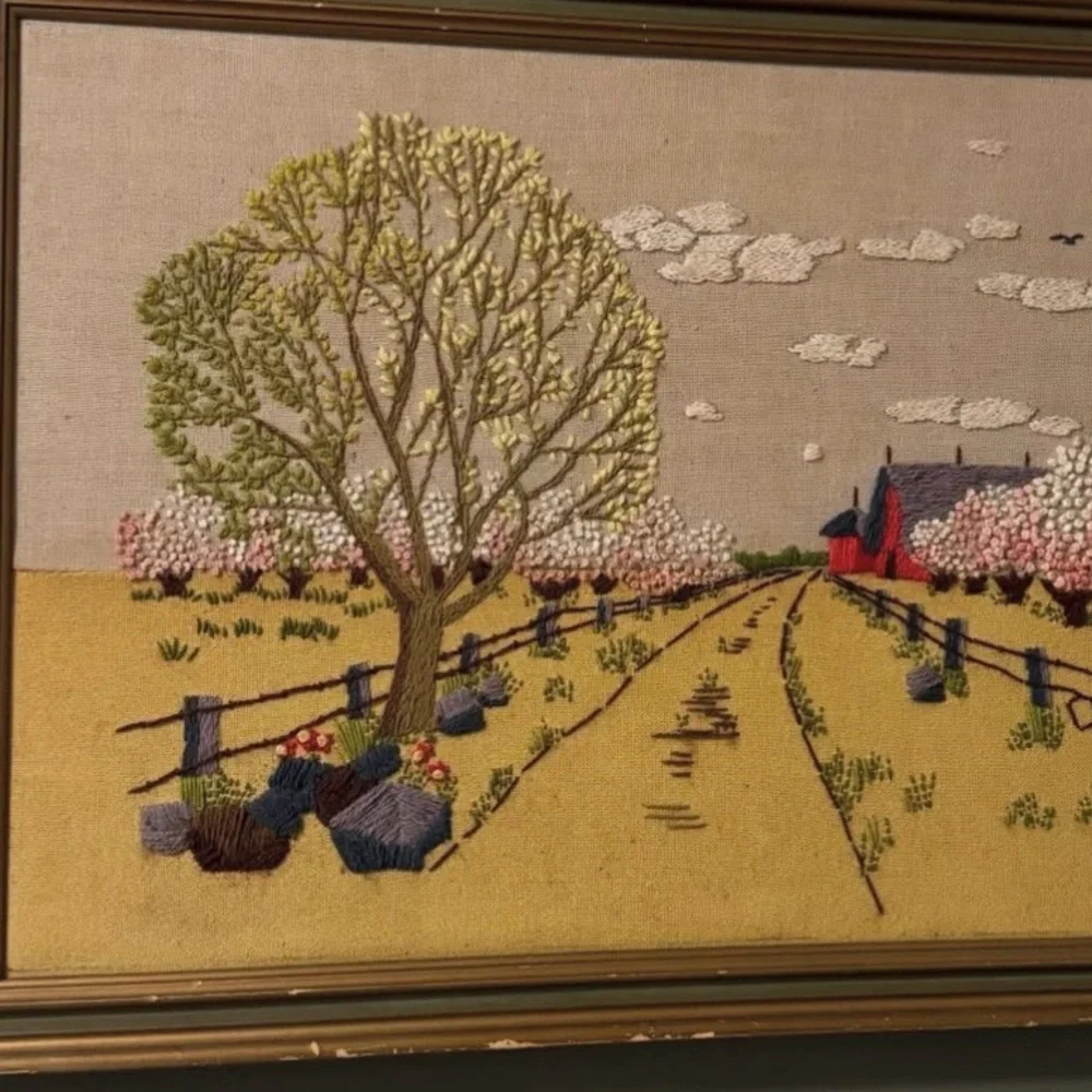 Framed Embroidered Crewel Landscape Art - Picture 5 of 5